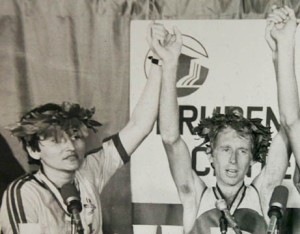 Rosie Ruiz and Bill Rodgers at the 1980 Boston Marathon.